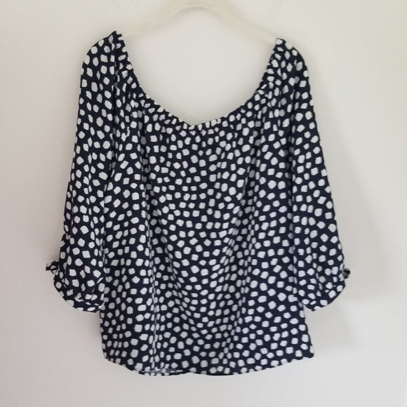 J. Crew Navy Blue Feminine Off Shoulder Tie Sleeve Blouse Top Artsy Polk Dot M - Picture 8 of 12